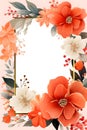 a floral frame with orange and white flowers. Abstract Coral color foliage background with negative space for copy.