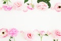Floral frame of pastel pink roses and peonies on white background. Flat lay, top view. Spring time composition Royalty Free Stock Photo