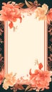 a floral frame with pink flowers on a black background. Abstract Salmon color ornate background.