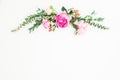 Floral frame of pink peony and roses flowers and eucalyptus on white background. Flat lay, top view Royalty Free Stock Photo