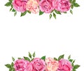 Floral frame with pink rose flowers, buds and green leaves. Hand drawn watercolor illustration isolated on white background. Royalty Free Stock Photo