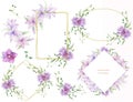 Floral frames with pink flowers and decorative leaves. Watercolor Invitation design horizontal. Background to save the date.Greeti Royalty Free Stock Photo