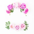 Floral frame of pink roses and peonies flowers on white background. Flat lay, Top view. Copy space composition Royalty Free Stock Photo