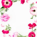 Floral frame of pink spring flowers on white background. Flat lay, Top view. Flowers texture Royalty Free Stock Photo