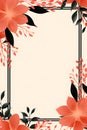 a floral frame with red flowers and leaves. Abstract Coral color foliage background with negative space for copy.