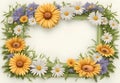 Floral Frame with Sunflowers and Daisies on Light Background