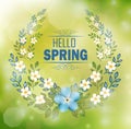 Floral frame with text hello spring and bokeh background Royalty Free Stock Photo