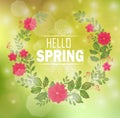 Floral frame with text hello spring and bokeh background Royalty Free Stock Photo