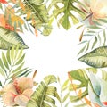 Floral frame of watercolor hibiscus flowers, tropical green plants and leaves Royalty Free Stock Photo