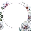 Floral frame of white orchids, round shape. Delicate exotic bouquet branch with blooming tropical flowers. Hand drawn watercolor i