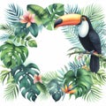 Watercolor illustration of a frame with tropical plants and toucan.