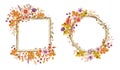 Floral frames set with autumn oak leaves, acorns, berries, flowers and floral elements in fall colors.