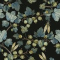 Floral garden summer seamless pattern with branches and berries of gooseberries and cicadas on a black background.