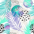 Floral and geometric background with palm leaves, doodle, watercolor texture, stains, 80s 90s shapes Royalty Free Stock Photo