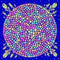 Floral geometric doodle mandala. Neon and blue color. Vibrant realistic drawing. Zendoodle multicolor sacred geometry. Trippy and Royalty Free Stock Photo