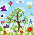 Floral glade, tree and bright butterflies