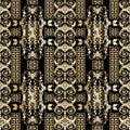 Floral Gold Greek Vector Seamless Pattern. Vintage Damask Ornaments. Modern Wallpaper. Patterned Ornate Striped Background. Vert