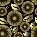 Floral gold mandalas 3d seamless pattern. Leafy ornamental vector background. Luxury repeat backdrop. Round golden textured