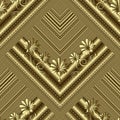 Floral gold striped 3d vector seamless pattern. Textured ornamental greek style background. Dotted line repeat patterned halftone Royalty Free Stock Photo