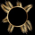 Floral golden round frame with exotic branches on black background. Ornate border with tropic leaves. Vector stock Royalty Free Stock Photo