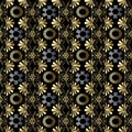 Floral grecian seamless pattern. Black vector geometric background. Abstract flourish wallpaper. Hand drawn gold