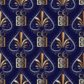 Floral greek key meander seamless pattern. Dark blue vector back