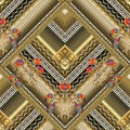 Floral greek key tiled seamless pattern. Vector striped 3d background wallpaper with vintage gold rhombus, frames, lines, stripes Royalty Free Stock Photo