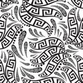 Floral greek seamless pattern. Vector abstract patterned black and white background. Paisley flowers ornament. Greek key Royalty Free Stock Photo
