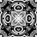 Floral greek vector seamless pattern. Paisley flowers background with greek key meander ornament. Modern arabesque