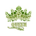 Floral Green Leaves Queen Crown with White flowers.