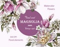 Floral greeting card with bouquet of watercolor magnolia, peonies and apple blossom Royalty Free Stock Photo