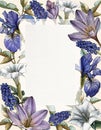 Floral greeting card with frame of watercolor irises, datura flowers and muscari