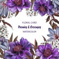 Floral greeting card with peonies, crocuses and jasmine