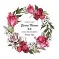 Floral greeting card with roses and jasmine. Wreath of flowers