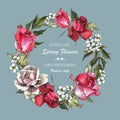 Floral greeting card with roses and jasmine. Wreath of flowers