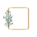 Floral hand drawing illustration. Boho greeting card template with watercolor green branch frame on white background and golden Royalty Free Stock Photo