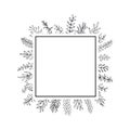 Floral hand drawn farmhouse style outlined twigs branches square frame black and white Royalty Free Stock Photo