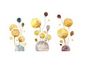 Floral hand drawn illustration of three sets with abstract yellow flowers dandelions, sprouts and stones . Watercolor Royalty Free Stock Photo