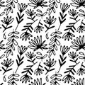 Floral hand drawn seamless pattern. Hand drawn abstract fancy flowers. Folk hand drawn style. Summer ornament