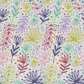 Floral hand drawn seamless pattern. Hand drawn abstract fancy leaves, flowers and grasses. Folk hand drawn style. Summer