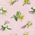 Floral hand-drawn vector seamless pattern. Yellow vanilla flowers on a coral background. Endless vector texture for kitchen Royalty Free Stock Photo