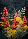 Floral handmade craft with embroidered volumetric flowers and leaves plants