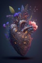Floral heart in cyberpunk style on a dark background. Generative Ai.