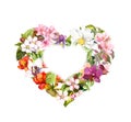 Floral heart with flowers, herbs and leaves. Wedding watercolor wreath