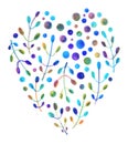 Floral heart flowers, leaves. For the design of backgrounds, invitations, cards, posters, stickers, badges, etc. Hand-painted. Royalty Free Stock Photo