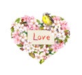 Floral heart with flowers, Love text and cute bird. Water color