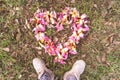 Floral heart lined with gorgeous exotic bottle tree flowers against a background of grass and leaves and part of feet in sneakers