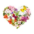 Floral heart with meadow flowers, summer butterflies and leaves. Watercolor Royalty Free Stock Photo