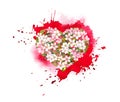 Floral heart with pink flowers on red artistic watercolor splash. Expressive emotional heart for Valentine day Royalty Free Stock Photo