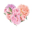 Floral heart with pink peoni flowers. Watercolor for Valentine day or wedding Royalty Free Stock Photo